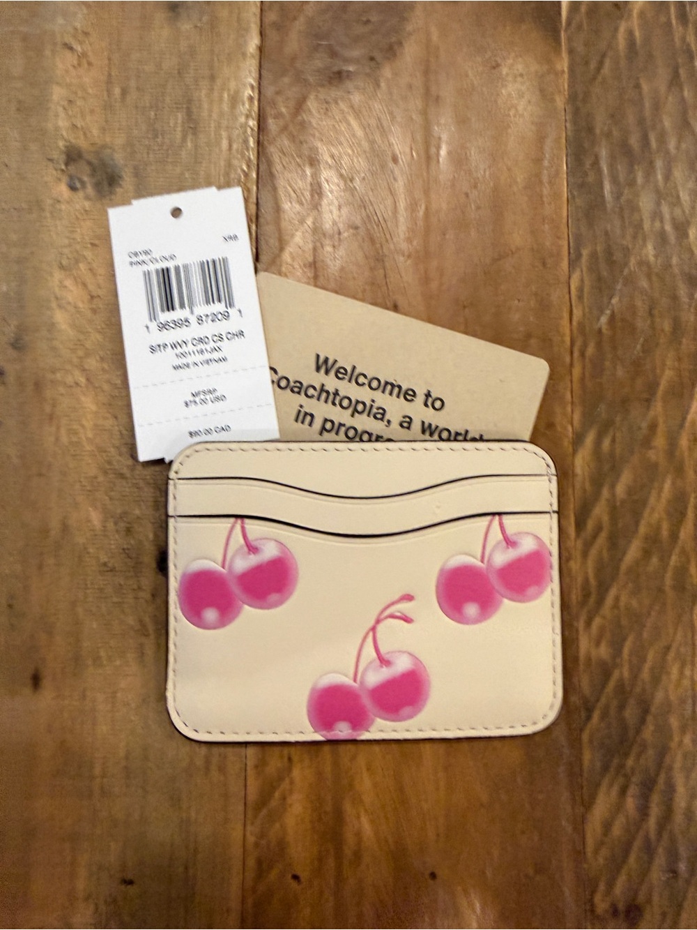 Coach Cream Card Case with Pink Cherry Print
